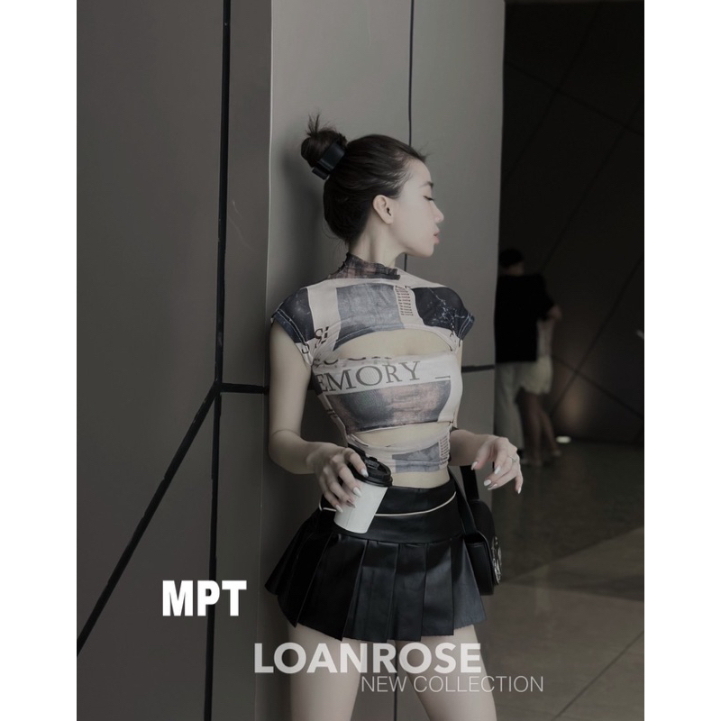 SET CHÂN VÁY DA XẾP LY ÁO LƯỚI KHOÉT NGỰC