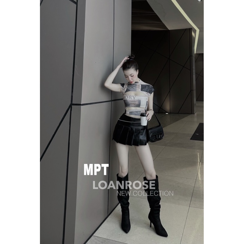 SET CHÂN VÁY DA XẾP LY ÁO LƯỚI KHOÉT NGỰC