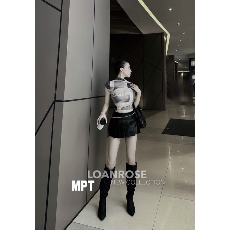 SET CHÂN VÁY DA XẾP LY ÁO LƯỚI KHOÉT NGỰC