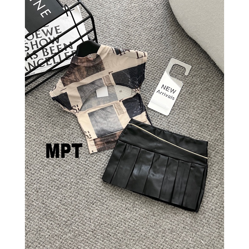 SET CHÂN VÁY DA XẾP LY ÁO LƯỚI KHOÉT NGỰC