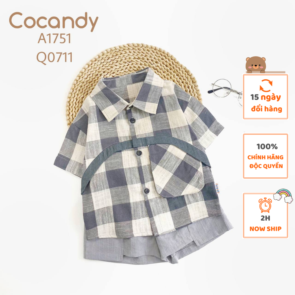 Set đồ cho bé -Áo cộc caro GHI viền ngực túi hộp và Quần cộc đũi GHI ống lệch cho bé của COCANDY mã A1751,Q0711,Q0582