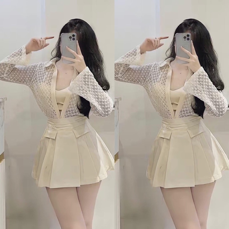 KHOÁC REN LỖ KÈM BRA + CHÂN VÁY XẾP LY