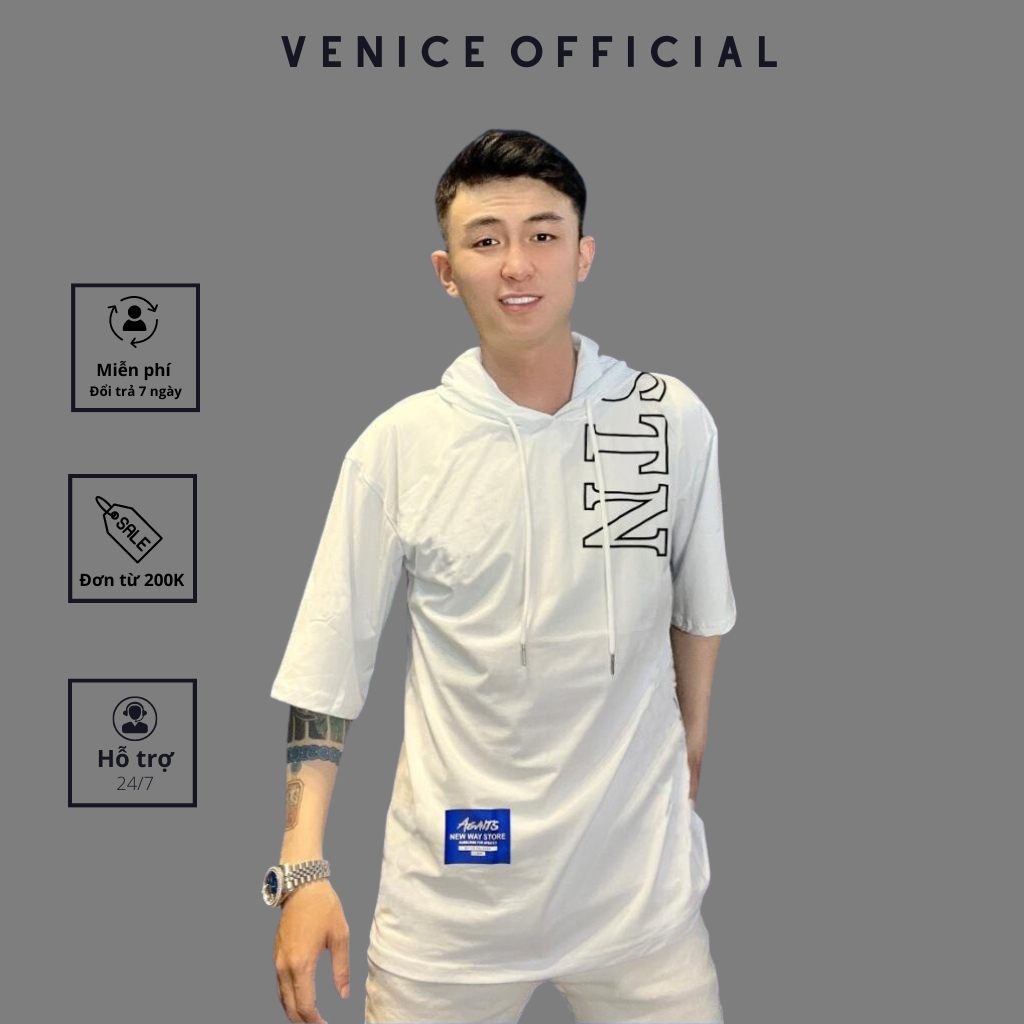 Áo thun form rộng tay lỡ, Phông Unisex VENICE Cao Cấp, có mũ, chất cotton mềm mịn