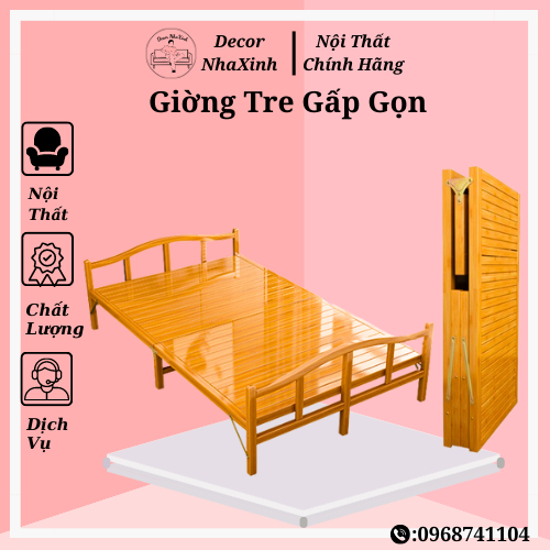 (MEGA_SALE) Giường Gấp Gọn DECOR NHAXINH Giường Xếp Gọn Thông Minh Đa Năng Bằng Tre Màu Vecni Cao Cấp