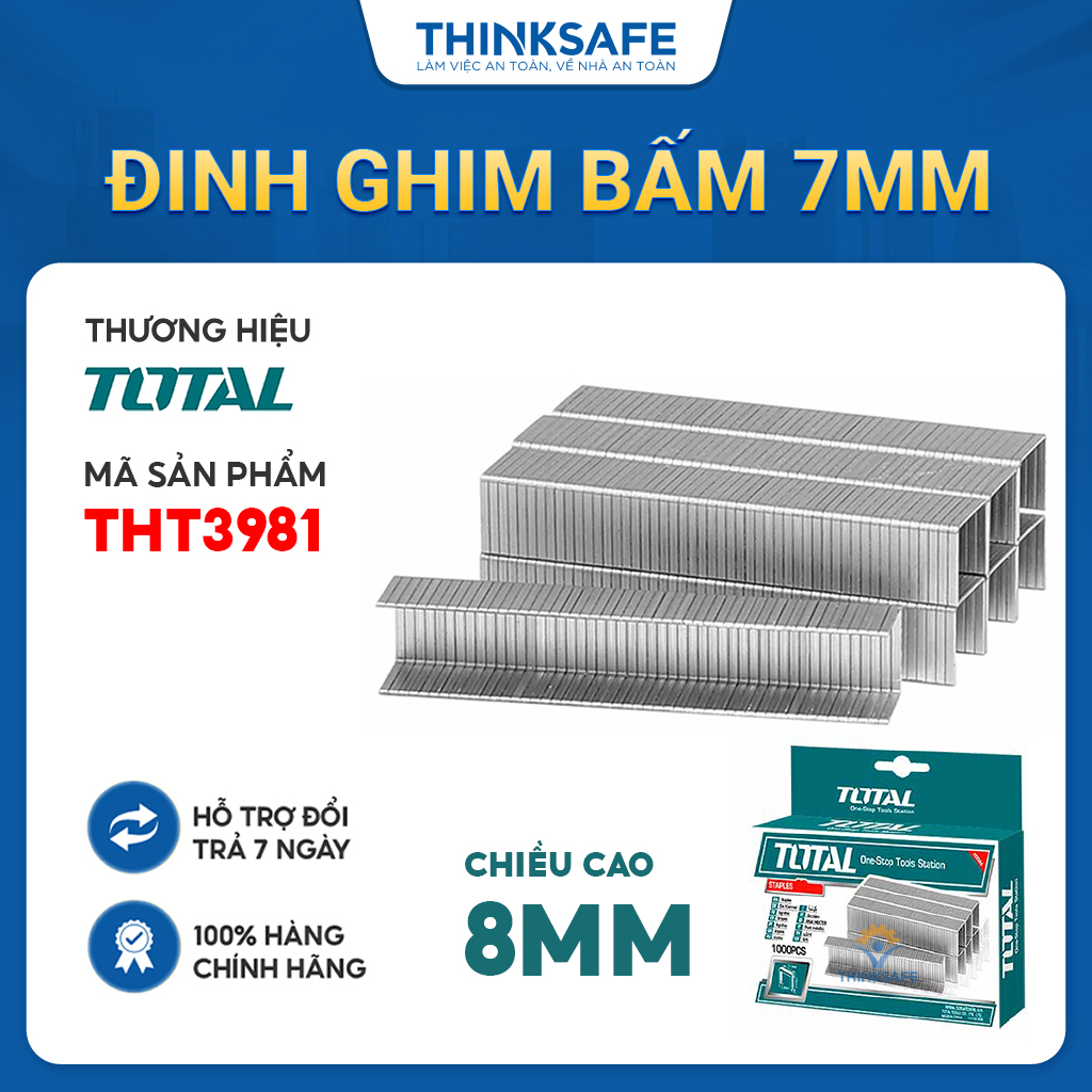 Đinh ghim bấm Total THT3981 kích thước 8mm X 0.7mm, đóng gói 1000 cái/hộp, ghim bấm chính hãng Total - Thinksafe