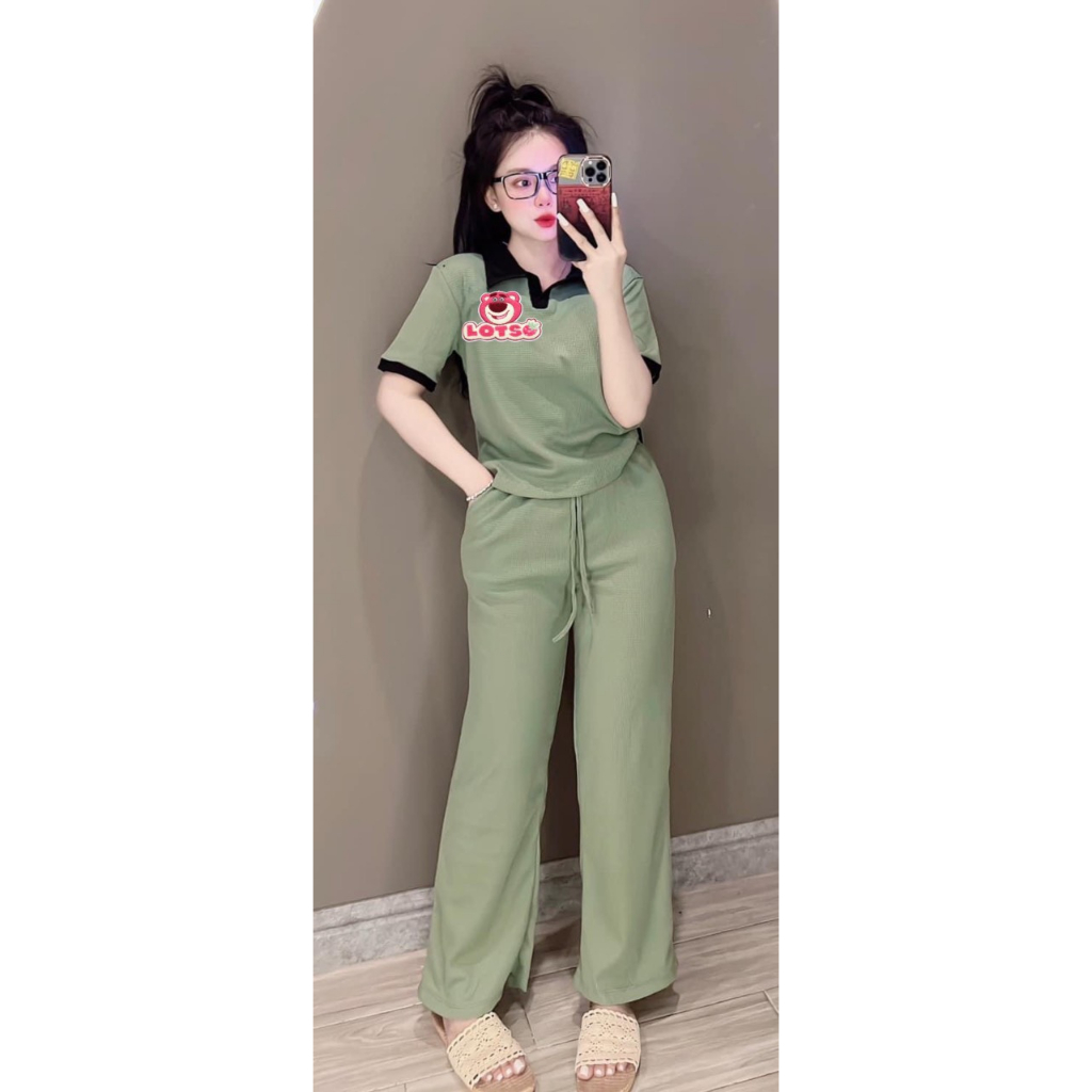 Set bộ nữ quần dài ống suông áo thun cổ bẻ chất tăm gân thêu Lotse