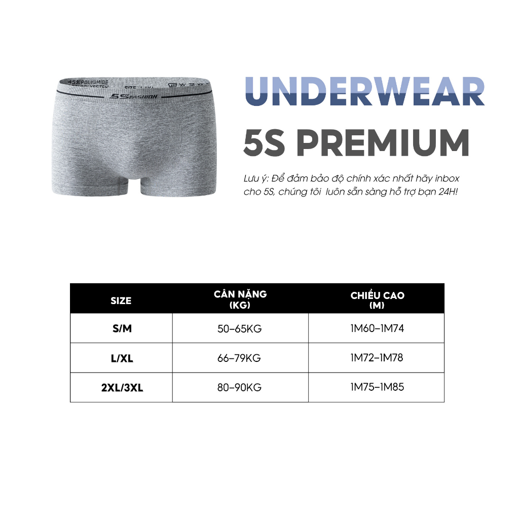 Quần Sịp Đùi Nam Boxer 5S Màu Ghi, Chất Polyamide, Dệt Không Đường May, Co Giãn, Thấm Hút, Dễ Chịu