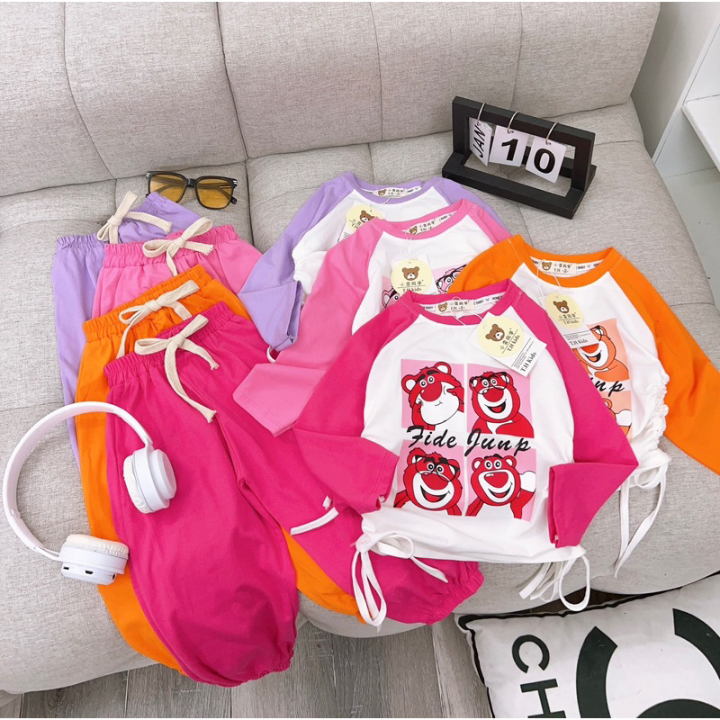 Bộ gấu dâu losto dây rút 2 màu cho bé gái