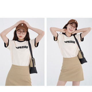 Áo baby tee nữ cổ tròn tay ngắn Epresso - Áo thun nữ vải cotton phối viền tay MA064