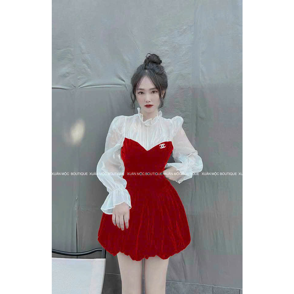 Đầm đen nhung phối voan trắng tay cổ bèo, đầm tiểu thư nữ đi tiệc sang trọng,áo sơ mi tay dài mix chân váy xếp ly bí