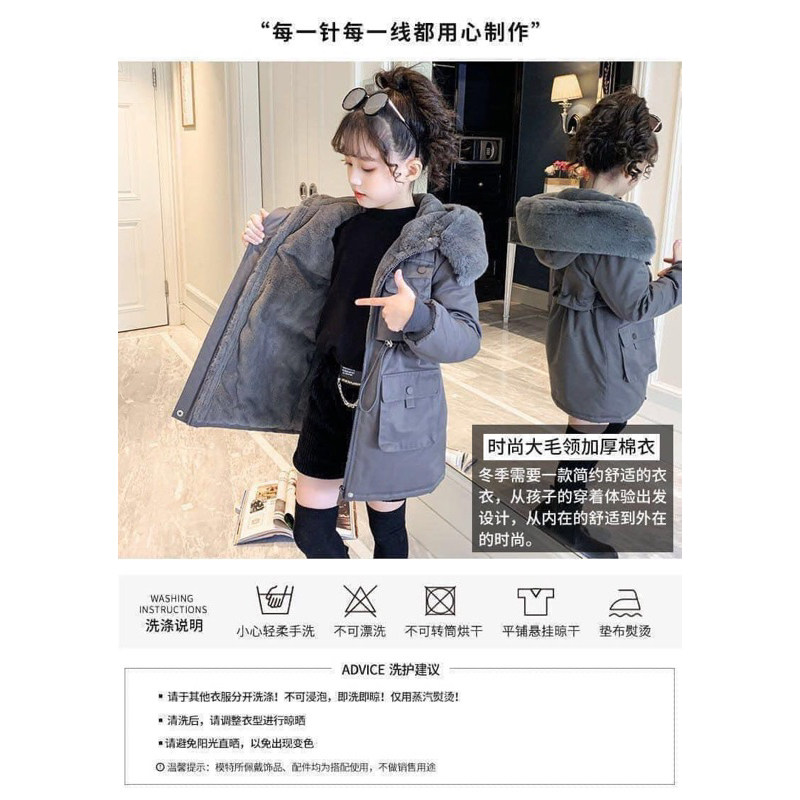 Áo Parka mũ lông bé gái size đại hàng QC