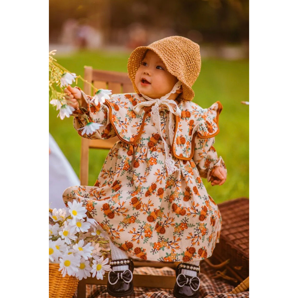 Váy bé gái, Váy hoa be cam cổ bèo tiểu thư cho bé từ 8-30kg V012 | Tiểu Yến Kid