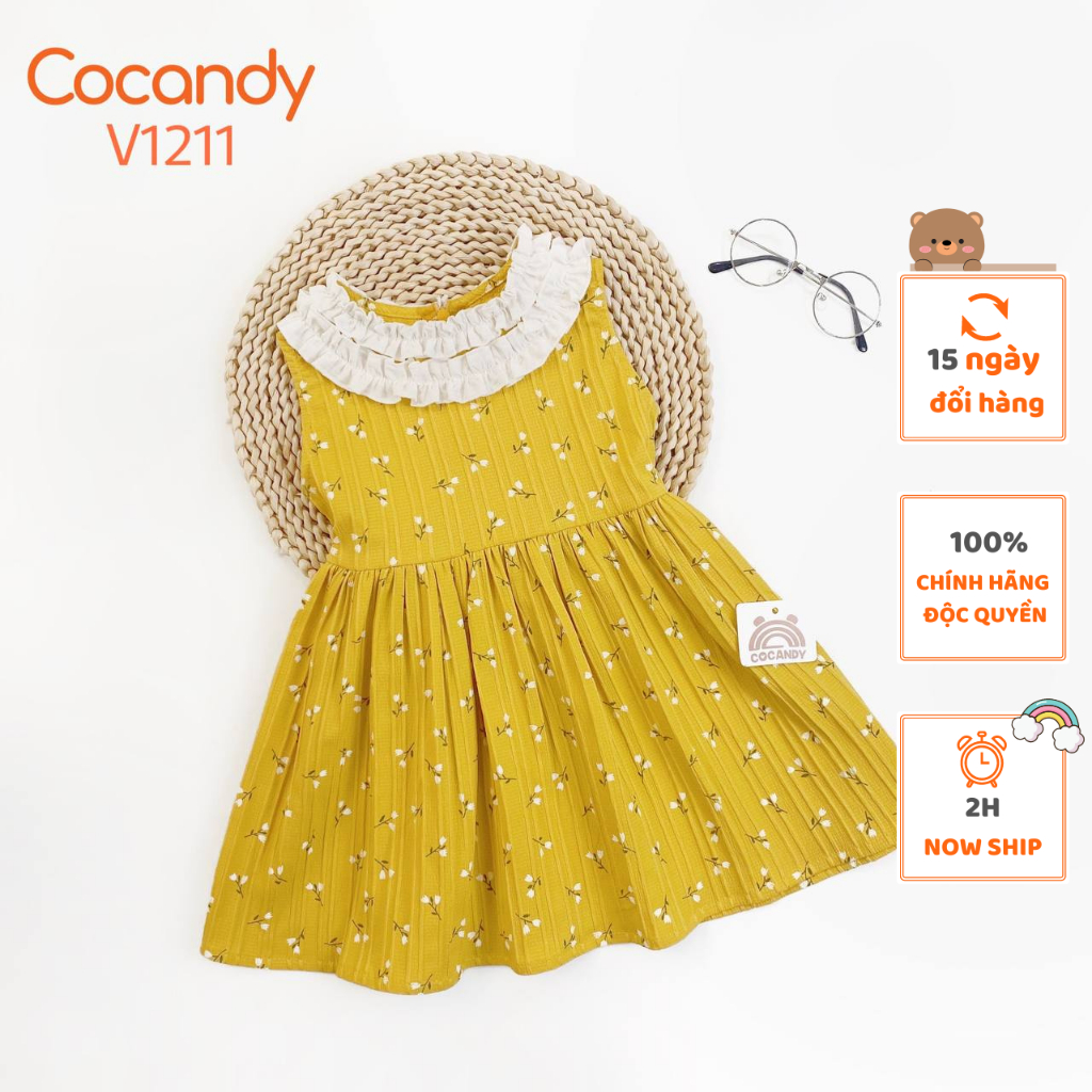 Váy sát nách VÀNG hoa nhí cổ TRẮNG cho bé của COCANDY mã V1211
