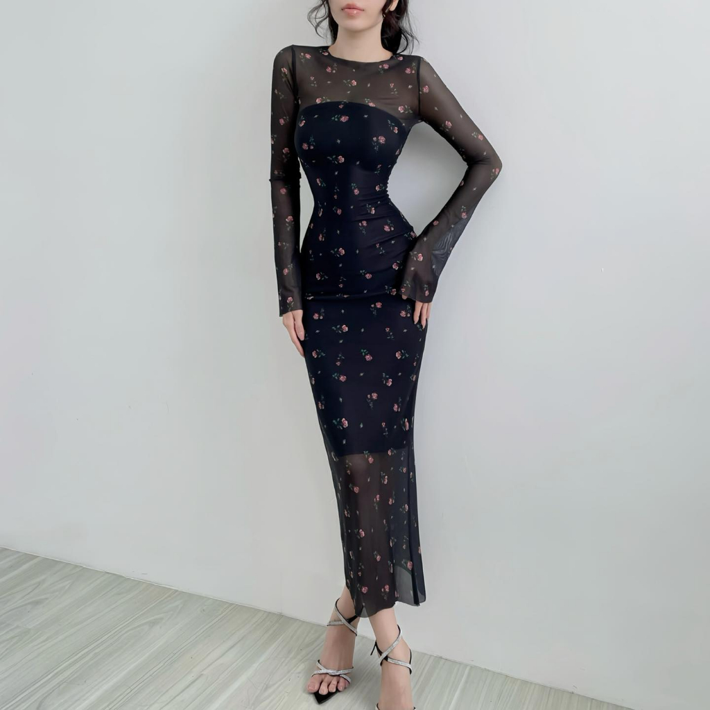 Đầm body lưới tay loe