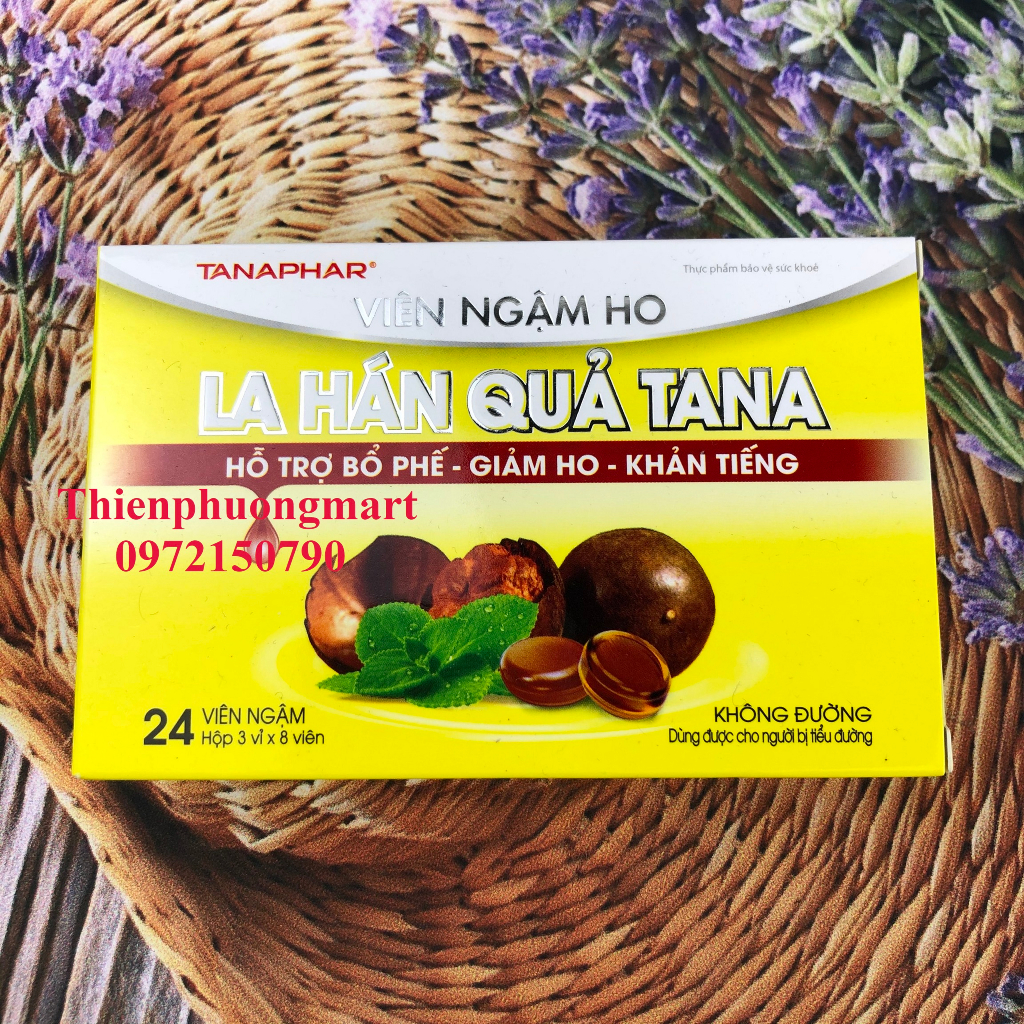 VIÊN NGẬM HO LA HÁN QUẢ KHÔNG ĐƯỜNG 24 HỘP 3 vỉ x 8 viên TANAPHAR
