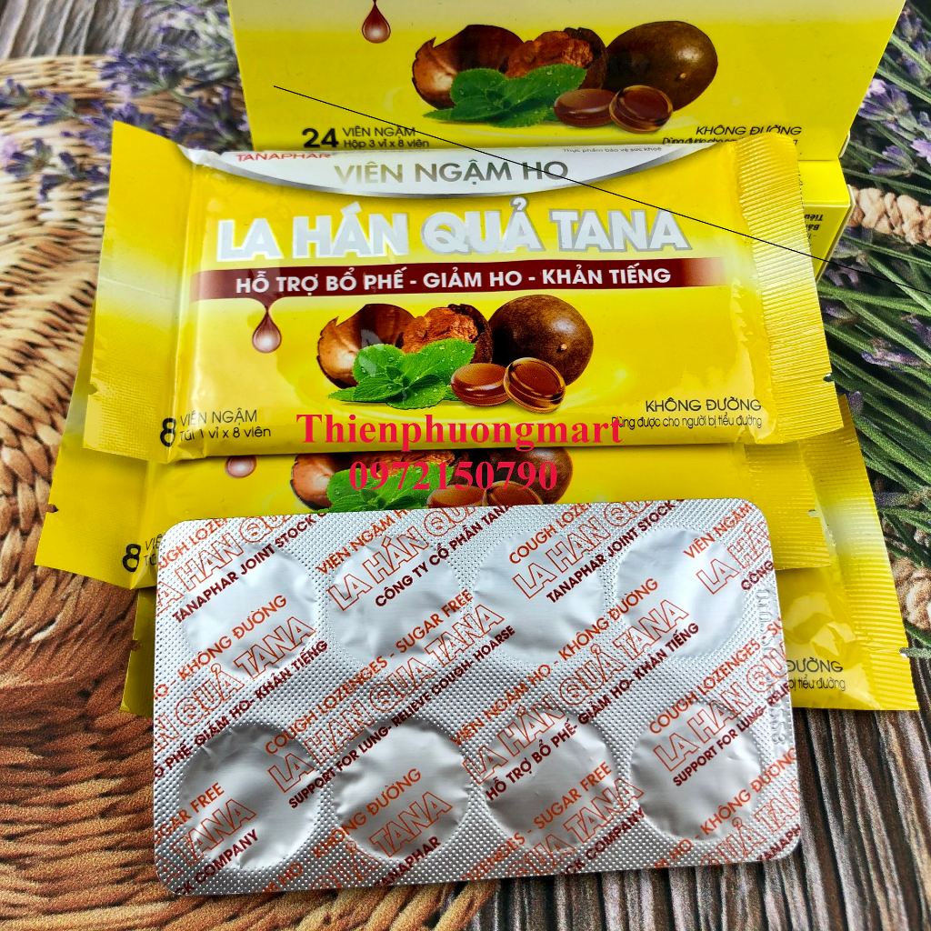 VIÊN NGẬM HO LA HÁN QUẢ KHÔNG ĐƯỜNG 24 HỘP 3 vỉ x 8 viên TANAPHAR