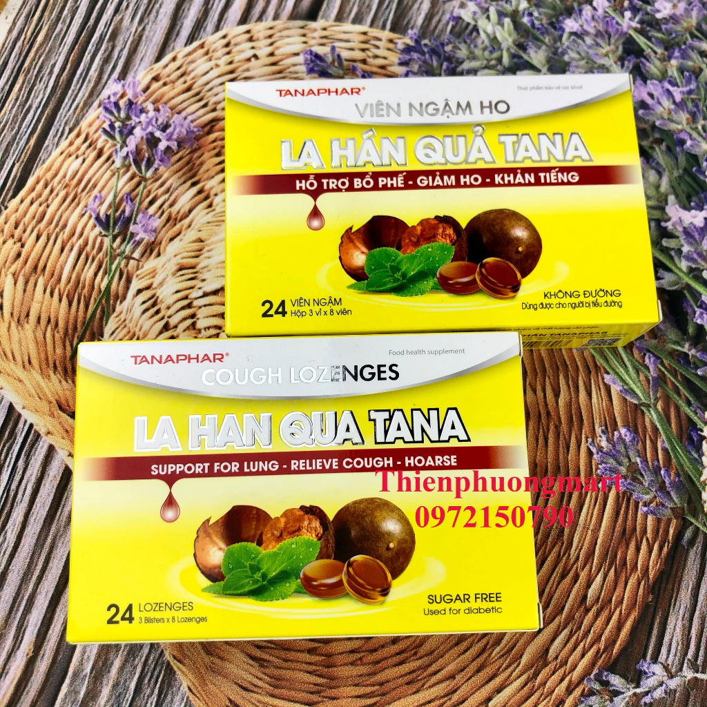VIÊN NGẬM HO LA HÁN QUẢ KHÔNG ĐƯỜNG 24 HỘP 3 vỉ x 8 viên TANAPHAR