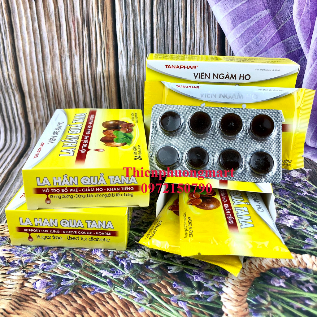 VIÊN NGẬM HO LA HÁN QUẢ KHÔNG ĐƯỜNG 24 HỘP 3 vỉ x 8 viên TANAPHAR