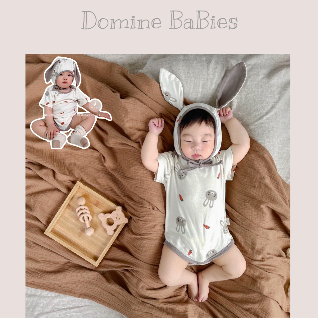 Bộ Bodysuit tặng kèm mũ tai thỏ phong cách Hàn Quốc dễ thương cho bé trai bé gái sơ sinh 3-18 tháng cao cấp