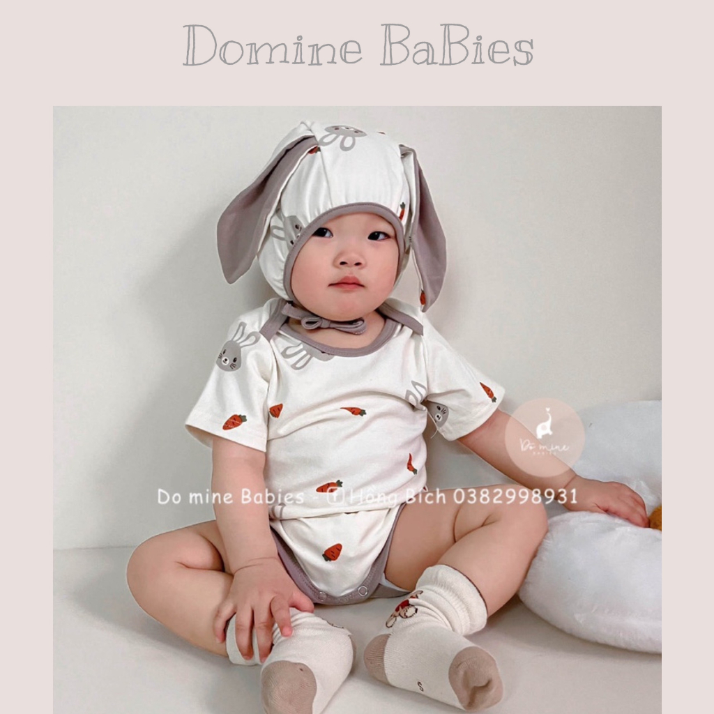 Bộ Bodysuit tặng kèm mũ tai thỏ phong cách Hàn Quốc dễ thương cho bé trai bé gái sơ sinh 3-18 tháng cao cấp