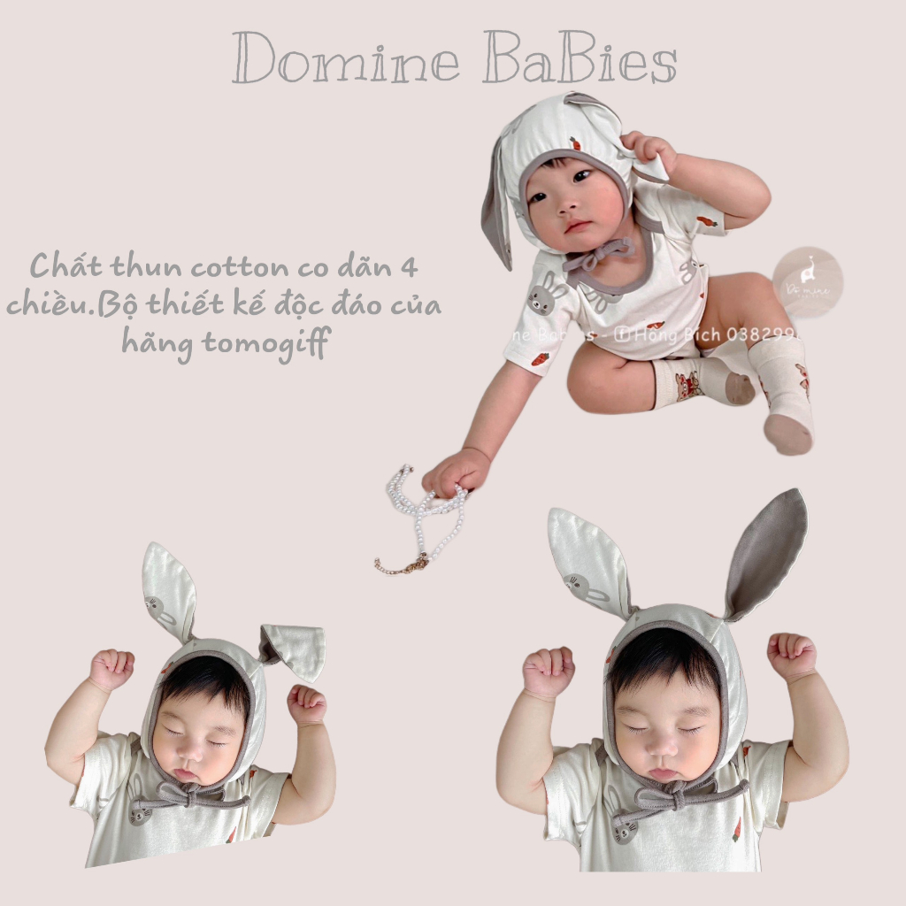 Bộ Bodysuit tặng kèm mũ tai thỏ phong cách Hàn Quốc dễ thương cho bé trai bé gái sơ sinh 3-18 tháng cao cấp