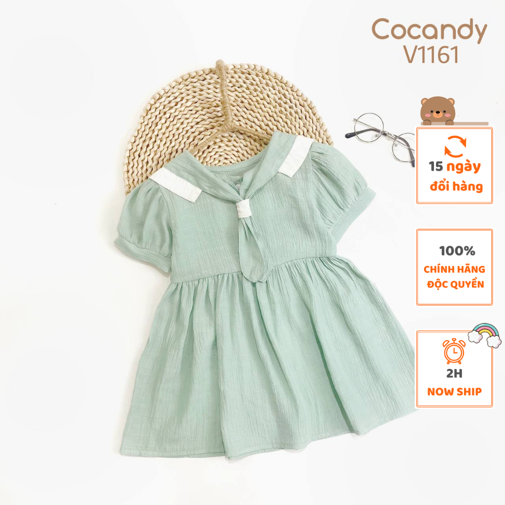 Váy cho bé -Váy cộc XANH cổ TRẮNG phối cà vạt cho bé của COCANDY mã V1161