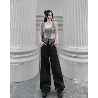 Set áo bodysuit hở sườn+ quần suông nút gập