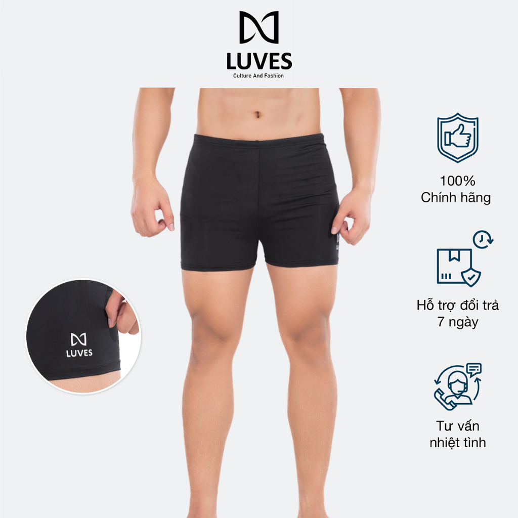 Quần Bơi Nam, Quần Bơi Ngắn Boxer Nam LUVES Square Leg Màu Đen Chất Vải Poly Co Giãn 4 Chiều, Thoát Nước Nhanh LVPHM0001