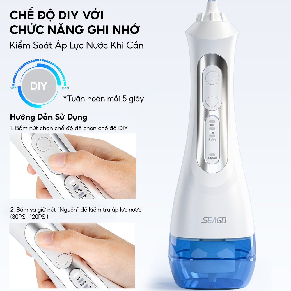 Máy tăm nước cầm tay không dây Seago SG-833, tặng kèm 5 đầu tăm, hộp đựng đầu tăm và túi đựng