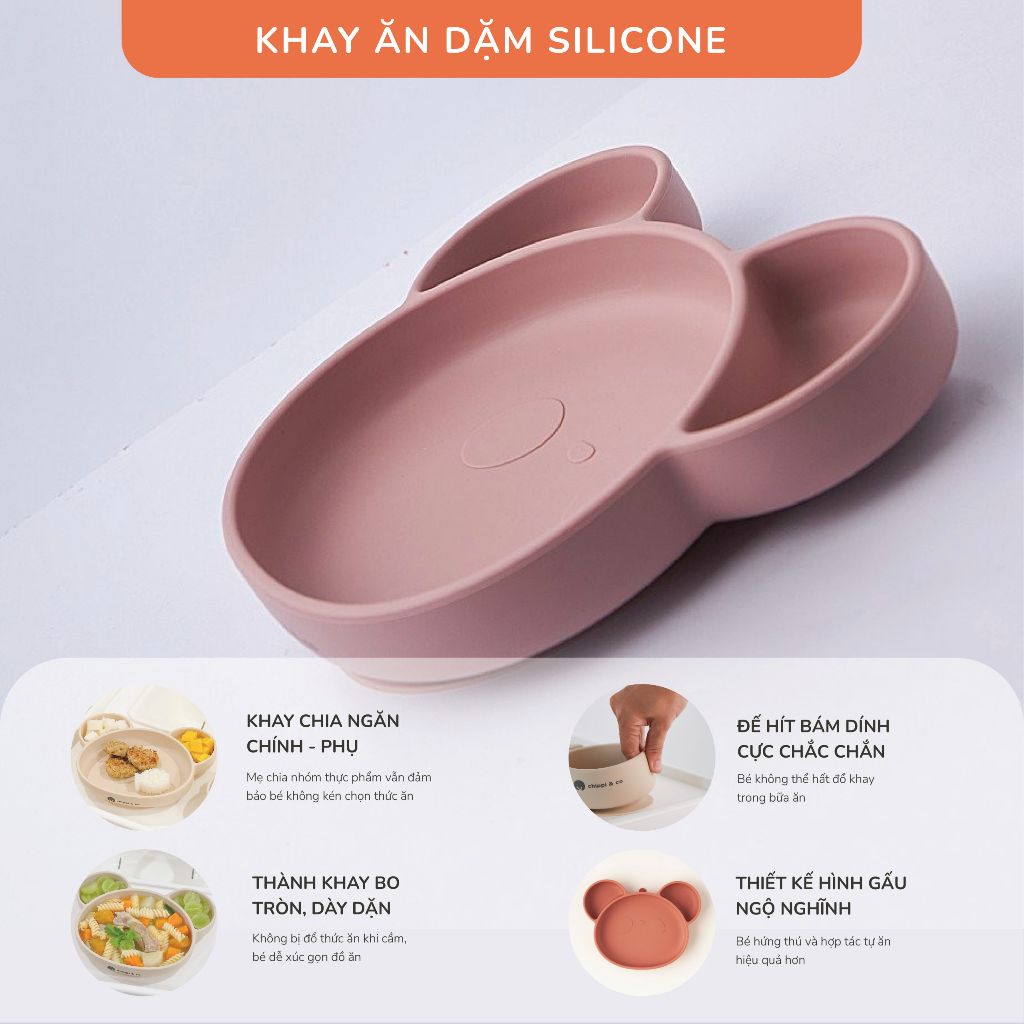 Set ăn dặm 4 món silicone hình gấu cao cấp CHIPPIANDCO đế hít chống lật