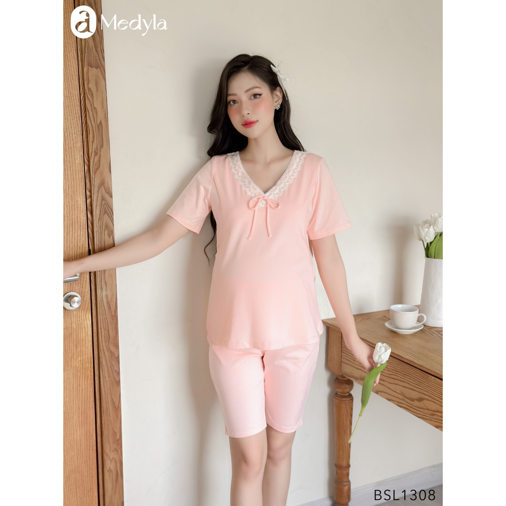 Medyla - Bộ bầu mặc nhà ở cữ cotton có đáp ngực bộ ngủ cho bầu mặc trong và sau sinh - BSL1308