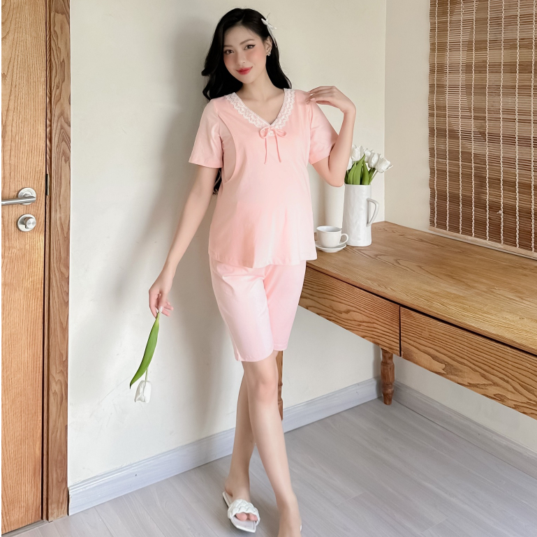 Medyla - Bộ bầu mặc nhà ở cữ cotton có đáp ngực bộ ngủ cho bầu mặc trong và sau sinh - BSL1308