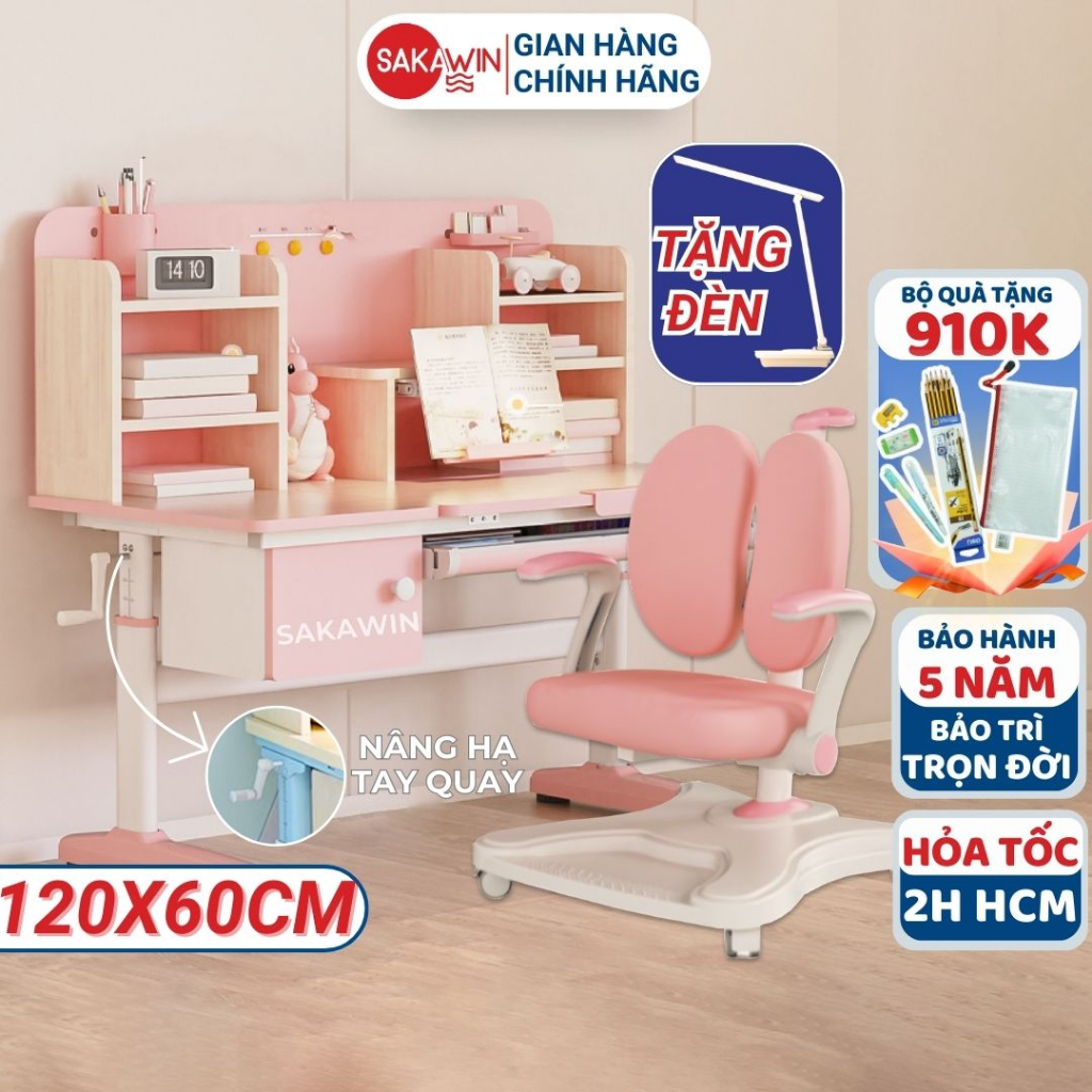 Bộ bàn học chống gù Gỗ tự nhiên Sakawin S120, Bàn học cho bé có giá sách cao cấp Size Lớn 1M2, 2 Lựa chọn ghế chống gù