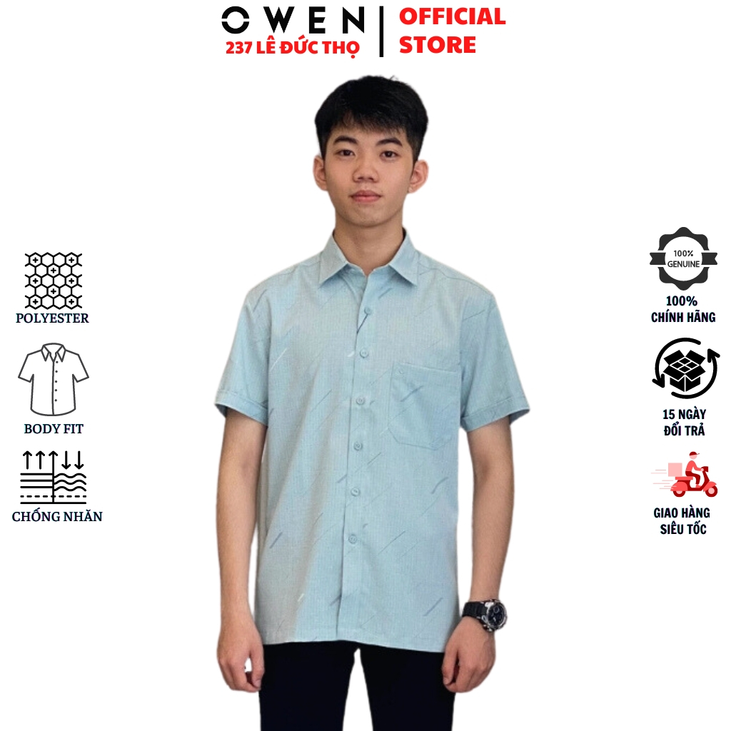 Áo sơ mi ngắn tay nam OWEN AB230057NT công sở màu xanh mint kẻ sọc vải polyester cao cấp form body fit tà bằng có túi