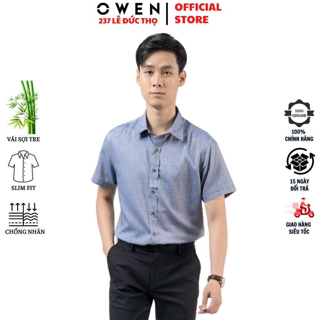 Áo sơ mi ngắn tay nam OWEN AS220135N somi công sở màu oxford navy vải sợi tre cao cấp form slim fit tà lượn không túi