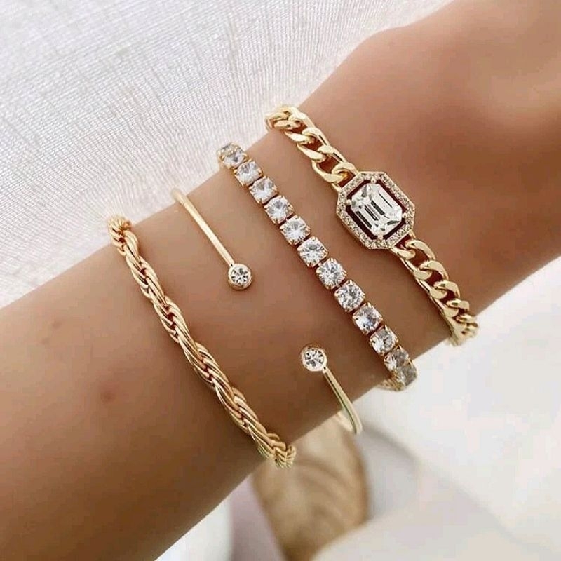 Set 4 Vòng Tay Luxury Đính Đá Bling Bling Phong Cách Thanh Lịch Old Money Style