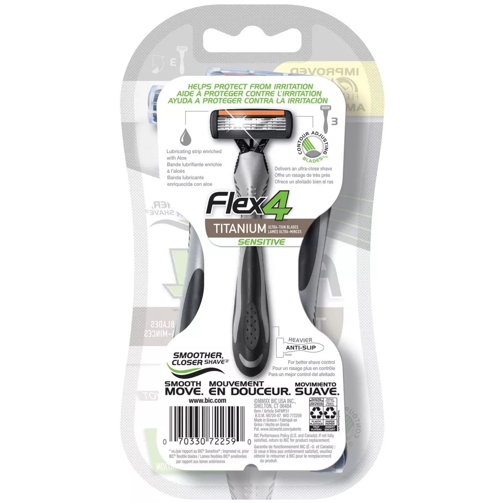 Dao cạo râu dùng 1 lần sẵn tinh chất lô hội và vitamin E cho Nam BIC Flex 4 Sensitive Titanium - gói 3 chiếc