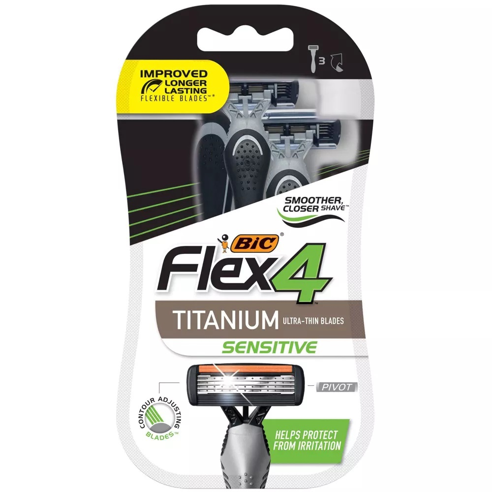 Dao cạo râu dùng 1 lần sẵn tinh chất lô hội và vitamin E cho Nam BIC Flex 4 Sensitive Titanium - gói 3 chiếc