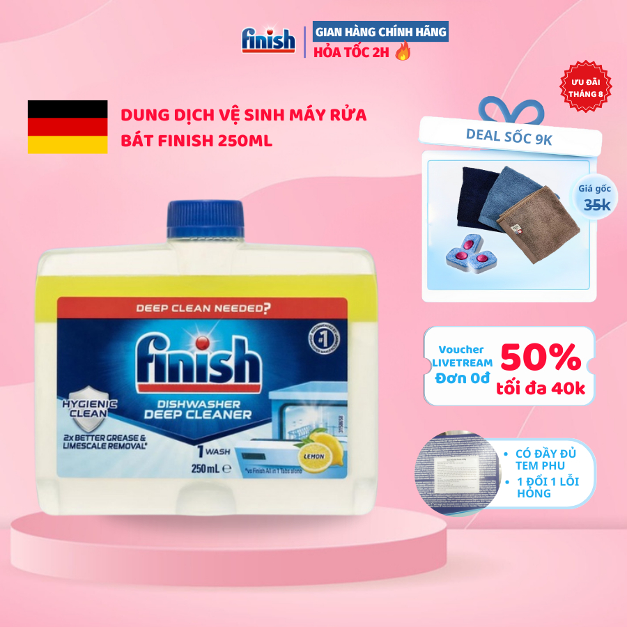 Dung dịch vệ sinh máy rửa bát Finish 250ml hương chanh, làm sạch sâu các vết dầu mỡ, sạch máy và thơm máy