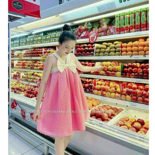 Đầm thời trang nữ dự tiệc sang trọng chất xô cổ dây không tay phối nơ ngực dáng váy form rộng xoè mini siêu xinh