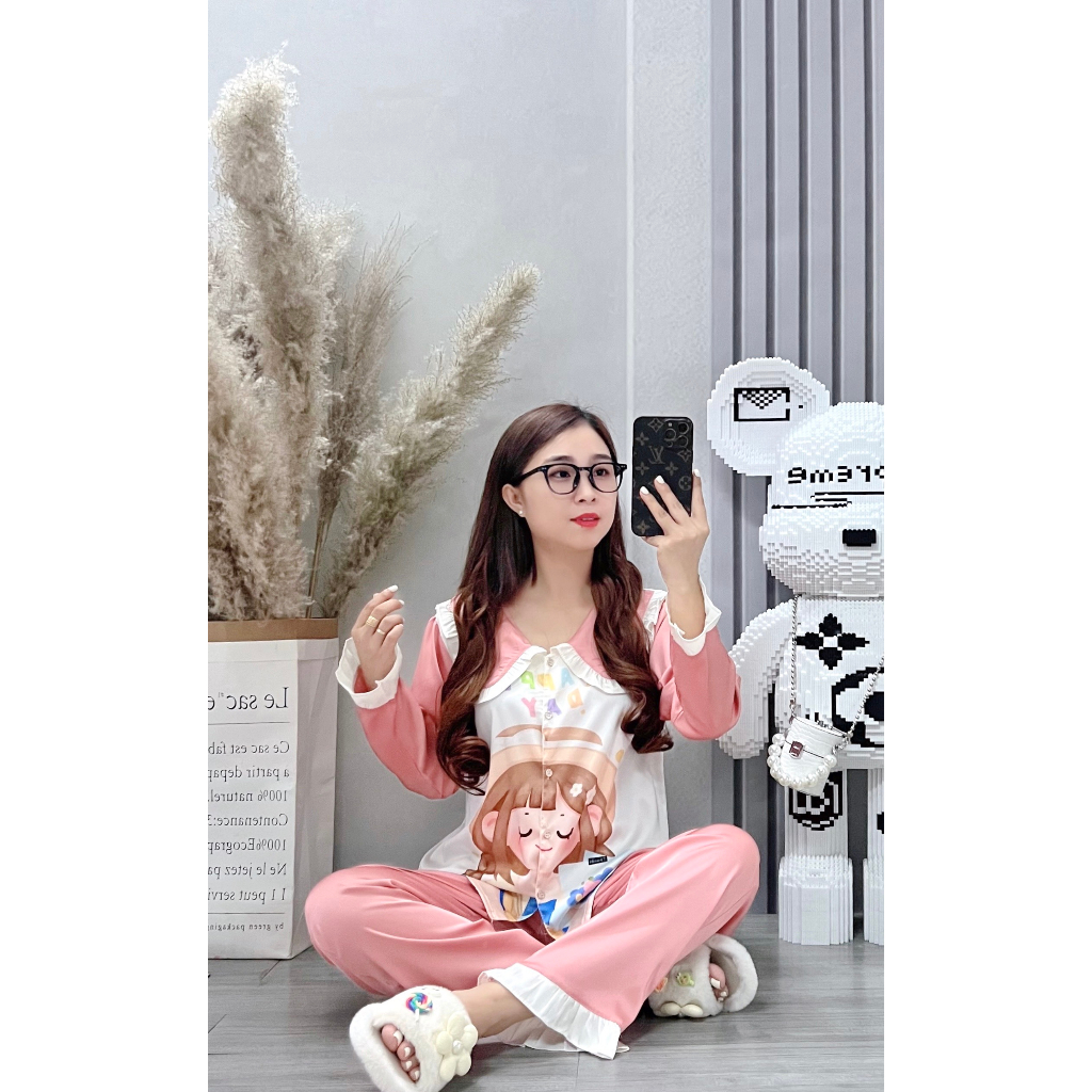 Đồ bộ nữ ANH MỸ pijama mặc nhà chất liệu lụa latin cao cấp tay dài quần dài