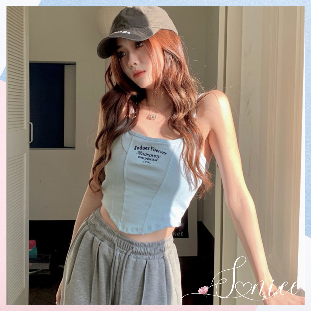 Áo 2 dây nữ croptop thêu chữ ôm body kèm mút nâng đỡ ngực SanieeClothes sexy cá tính