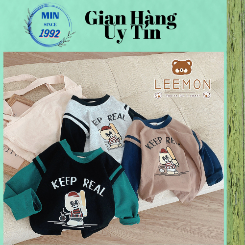 (Hàng Mới Về) Áo Leemon, Áo Thun Dài tay Gấu Họa Tiết, Tay Phối, Chất Cotton phong cách Hàn Quốc từ 1- 6 tuổi (MB.V115)