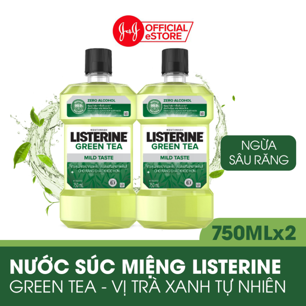 Bộ 2 Nước Súc Miệng Listerine Ngừa Sâu Răng Green Tea 500ml + 2 Nước Súc Miệng Diệt Khuẩn Listerine Cool Mint 500ml