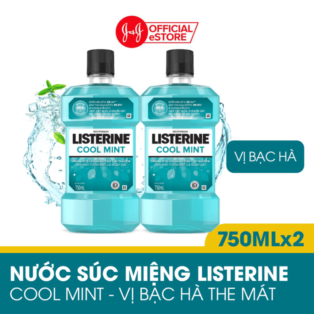 Bộ 2 Nước Súc Miệng Listerine Ngừa Sâu Răng Green Tea 500ml + 2 Nước Súc Miệng Diệt Khuẩn Listerine Cool Mint 500ml