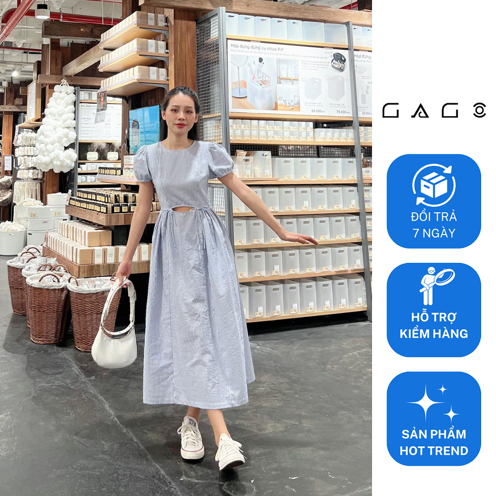 Đầm midi tay ngắn cutout thắt dây eo thời trang GAGO hoạ tiết xanh dương sọc GG4375
