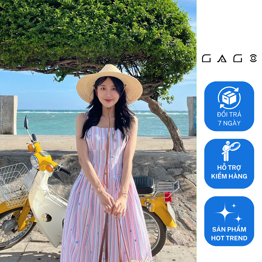 Đầm dây maxi midi rã 5 tầng thời trang GAGO hoạ tiết sọc GG4393