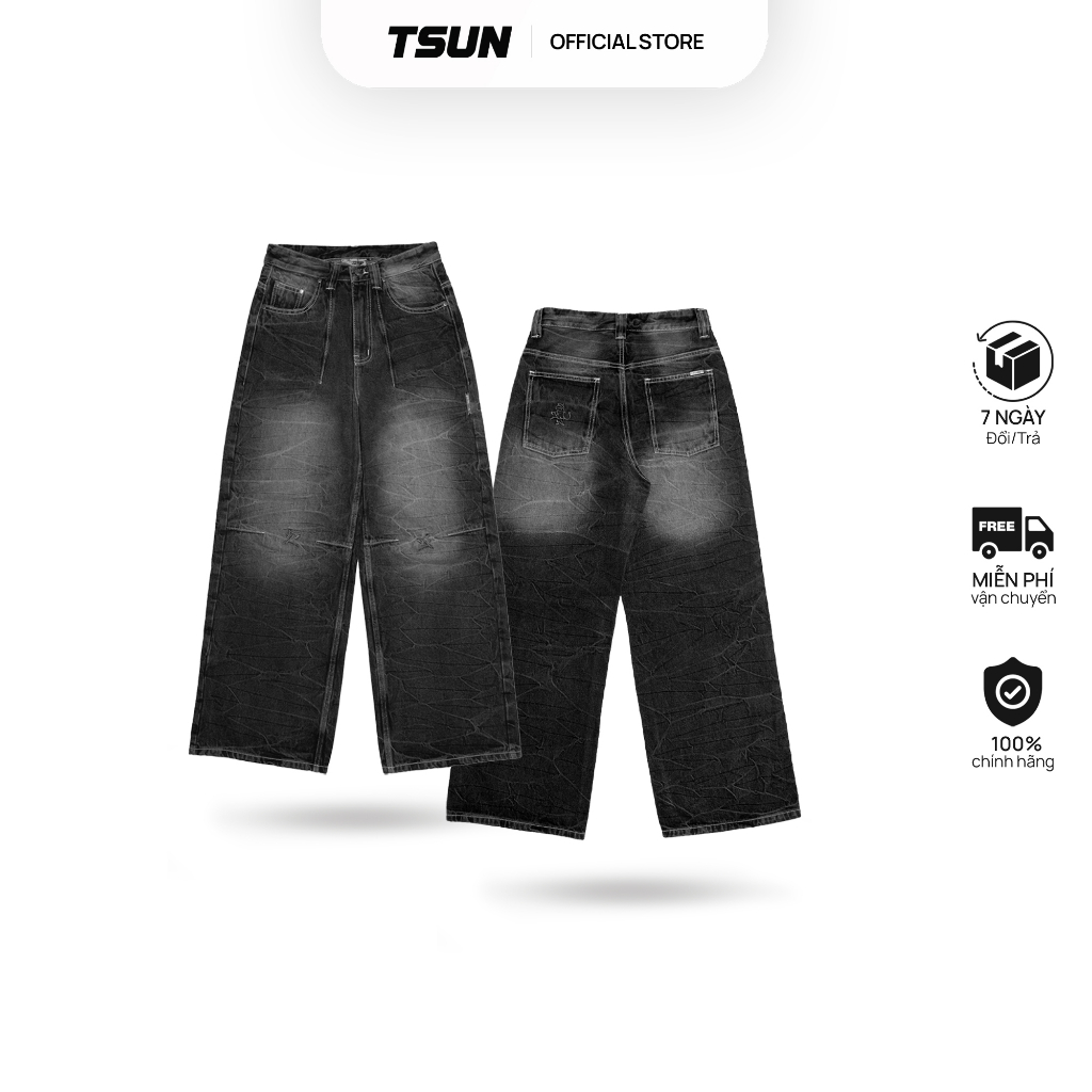 Quần Jean TSUN Razor Wash Baggy - [Unisex] - Ống Rộng - Wash Đen - Tag Kim Loại