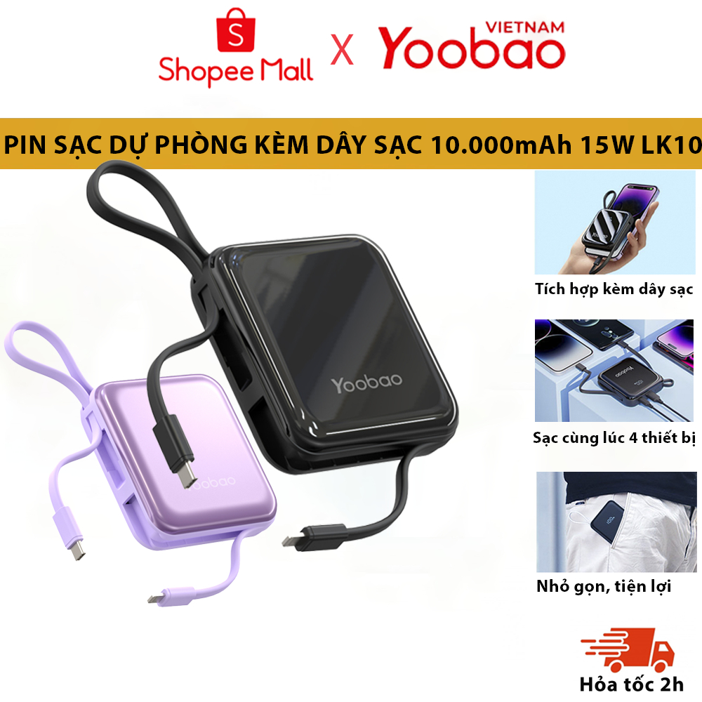 Sạc Dự Phòng Yoobao 10000mAh Sạc Nhanh Tích Hợp Dây Sạc Type-C & Lightning, Màn Hình Hiện Phần Trăm Pin - YOOBAO LK10