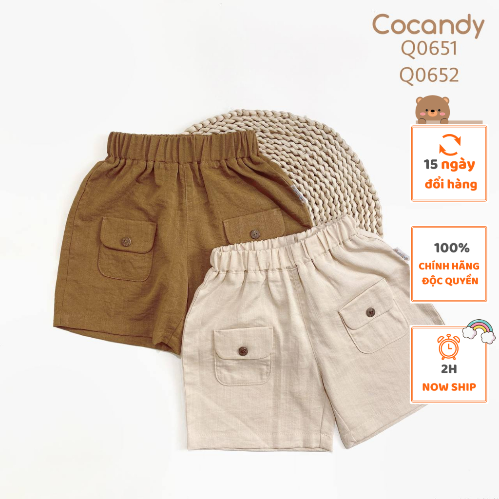 Quần cộc cho bé -Quần cộc NÂU, BE 2 túi cúc cho bé của COCANDY mã Q0651, Q0652